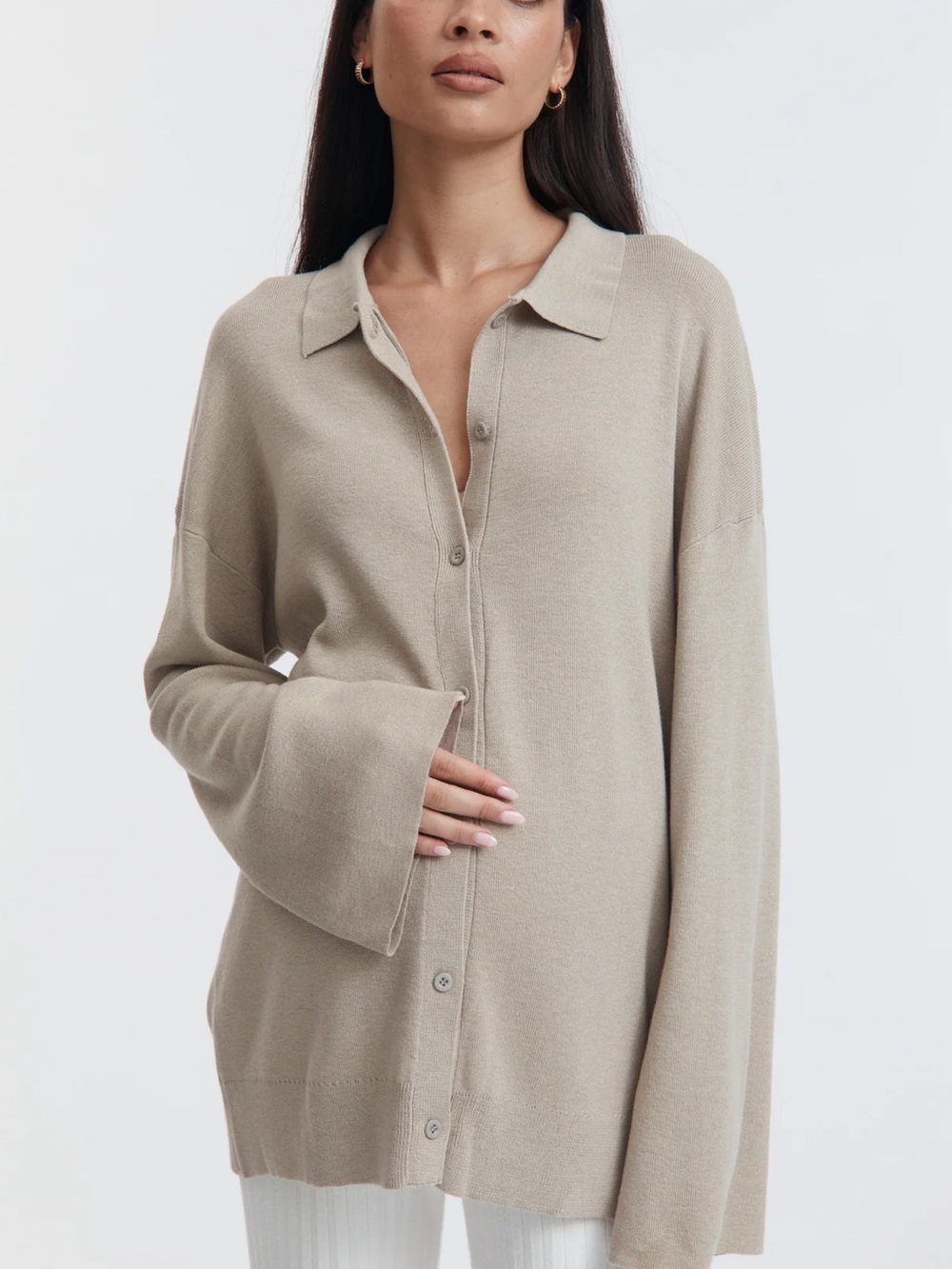 Light Taupe Button-Front Knit Cardigan maternity